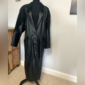 Vintage Black Leather Trench Coat w/ Embossed Suede Accent Long Leather Jacket